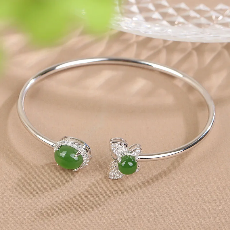 

S925 Sterling Inlaid Hetian Natural Jasper Gold-Plated Women'S Silver Bracelet