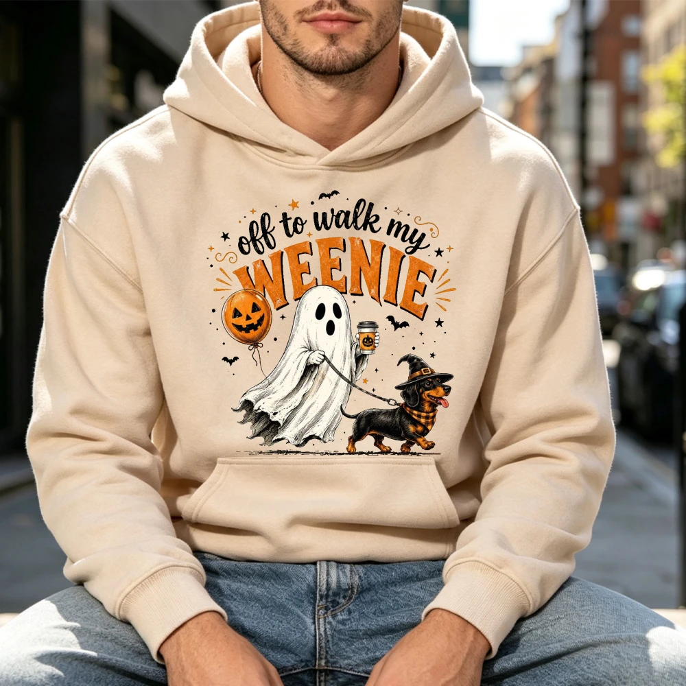 Herren-Halloween-Hoodie „Off To Walk My Weenie“ mit Dackel-Grafik, lustiger Halloween-Pullover, Geschenk für Wiener-Hund-Liebhaber, Herbst-Sweatshirt