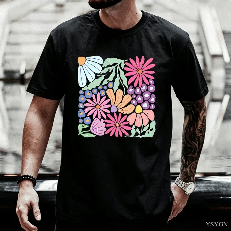 Trendy Boho Floral T-Shirt Women Men Flower Graphic Tshirt Cute Spring Garden Botanical Top Summer Women's Round Neck Printed