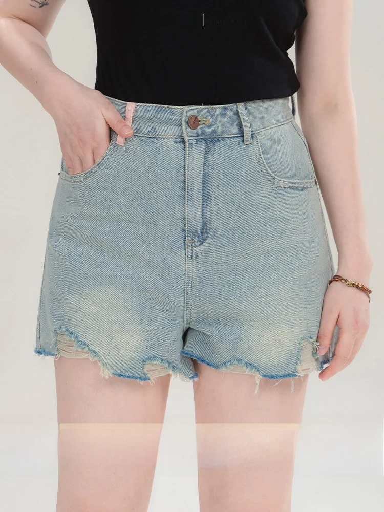 

Heynew Ретро Джинсовые орты с высокой талией для больших размеров Женские летние новые хлопковые прямые джинсы с потертостями по краю и дыркой