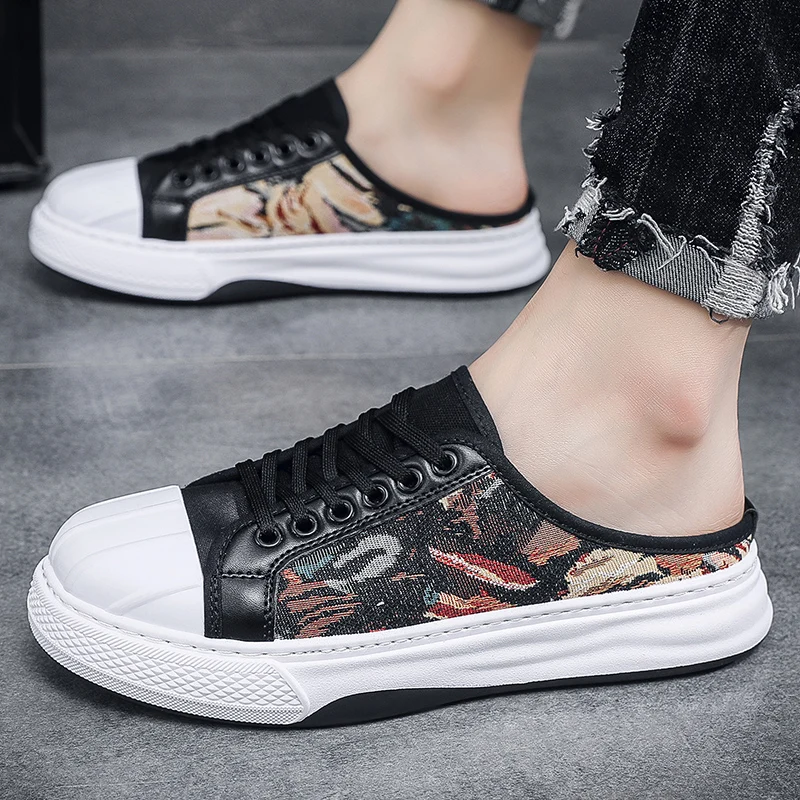 2025 Summer Canvas Sneaker Semi-Drag Men Casual Shoes Half Shoes For Men Loafer Mules Slipper Outdoor Backless Flats Man Slides