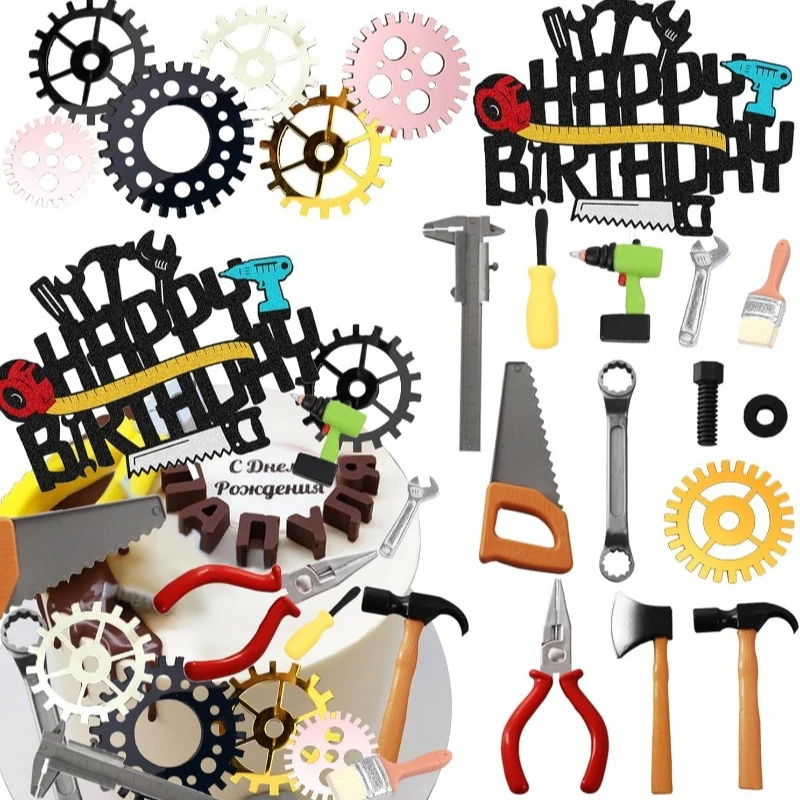 Ensemble d'outils pour décoration de gâteau, clé, marteau, perceuse, pince, scie à main, ruban à mesurer, tournevis, décoration de gâteau pour fête d'anniversaire à thème, 19 pièces