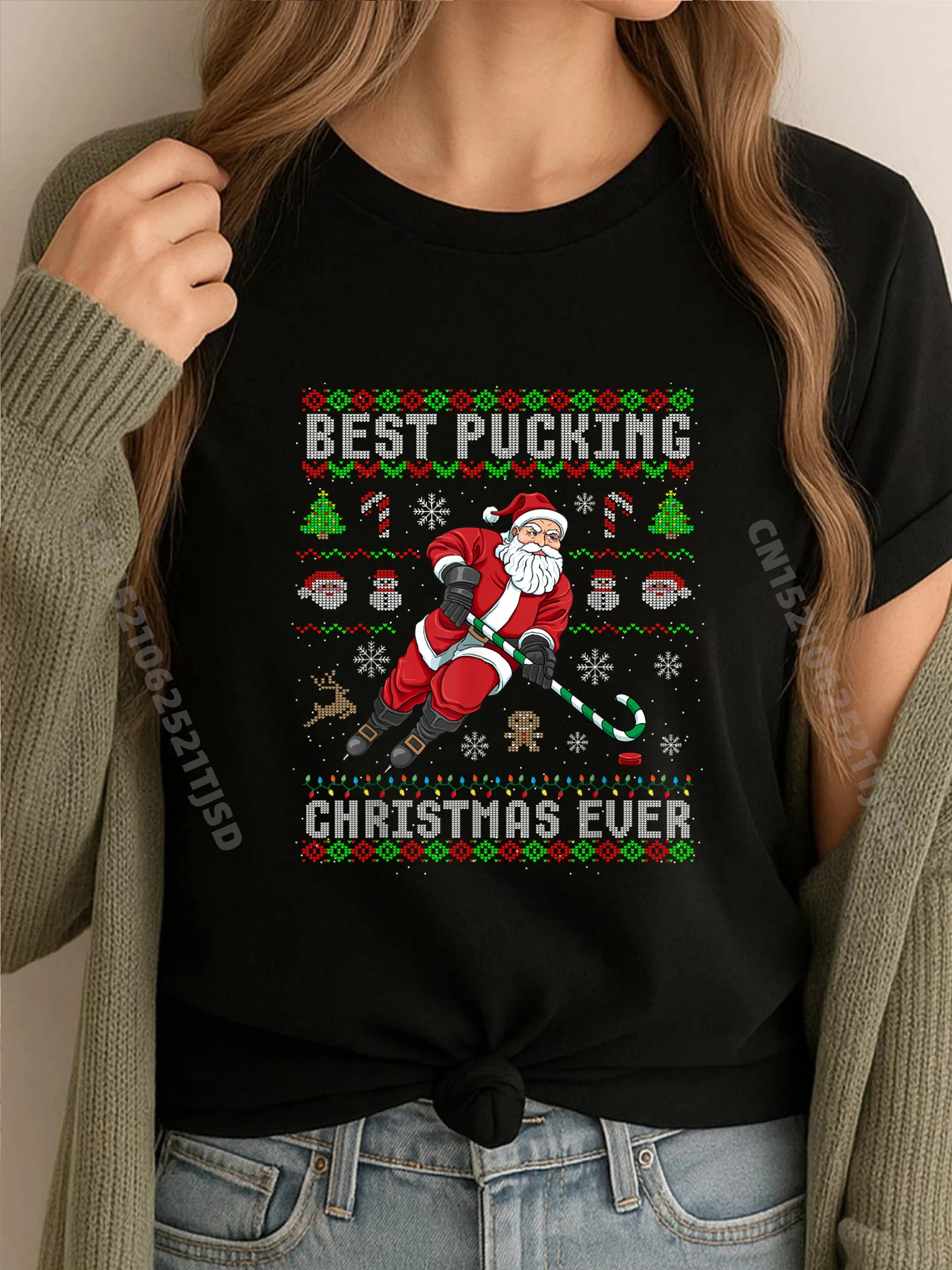 

Funny Santa Claus Ugly Christmas Ice Hockey Best Pucking Oversized T Shirt Woman T-Shirt Tops T Shirt Vintage Style
