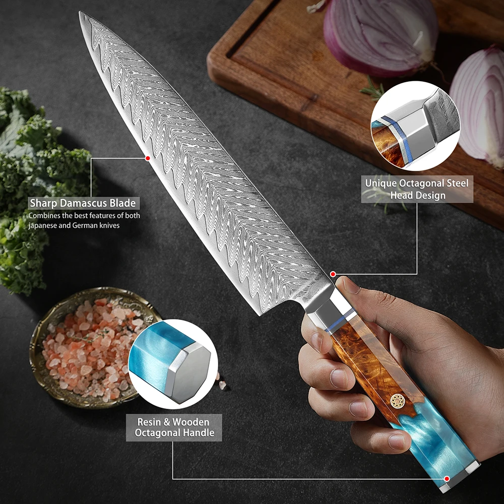 

Damascus Steel Chef Knife 8 Inch Japanese Kitchen Knife Octagonal Blue Resin Handle Vegetables Cleaver Knife Slicing Knife