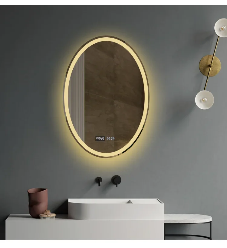 Oval Shape Smart Makeup Bathroom Mirror 3 Color Adjustable LED LIght Multifunction With Bluetooth Speaker For Bedroom Decoration