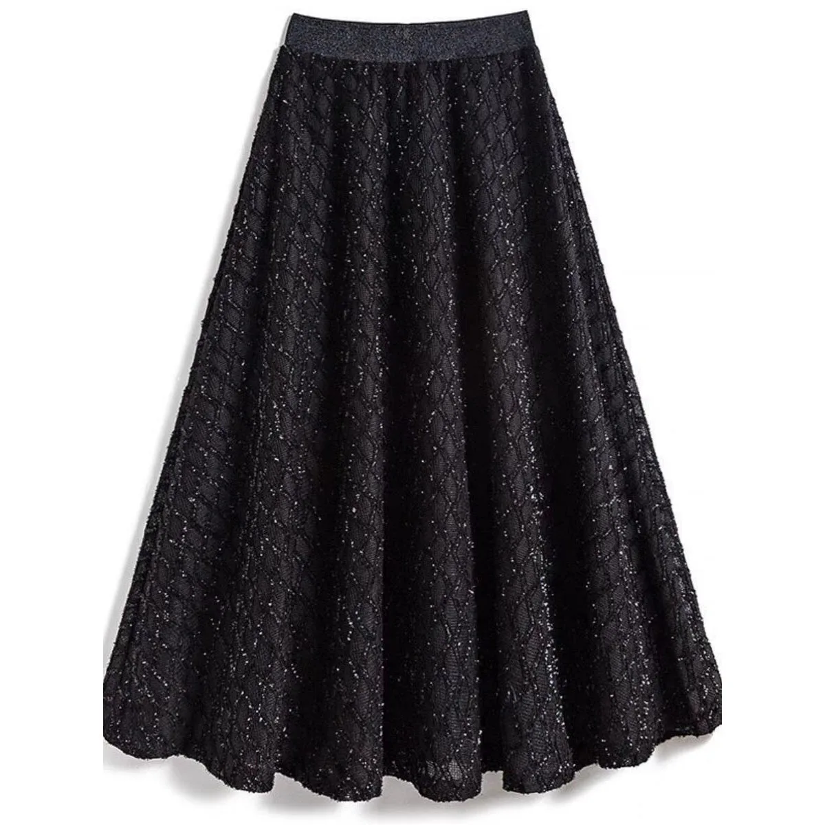 

Women Black Skirts Autumn Winter Mid-long Elastic High Waist Tweed Skirts Ladies Thicken Fashion A-Line Bright Silk Skirts