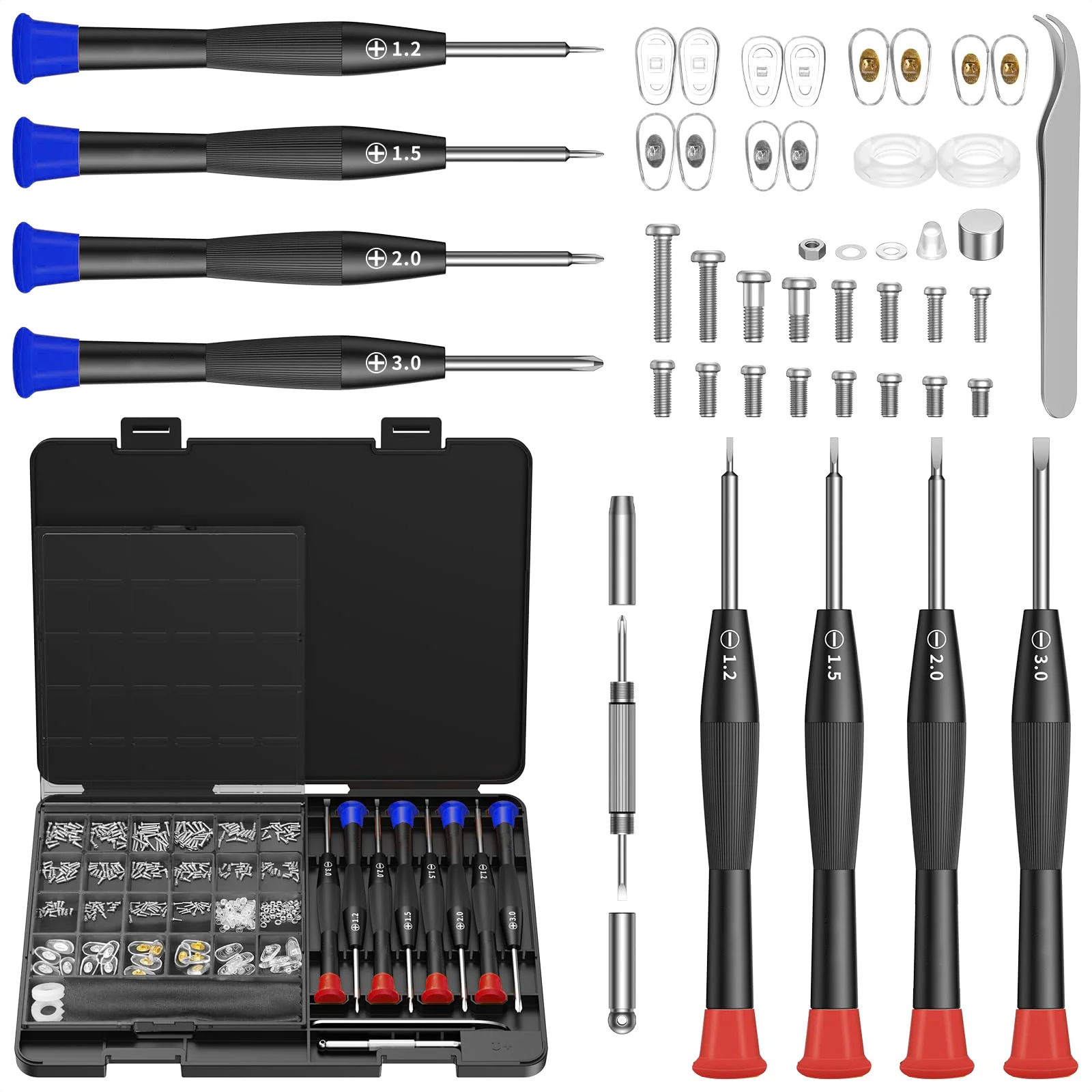 مجموعة أدوات إصلاح النظارات مع براغي وسادات أنف للنظارة وملاقط قماش للتنظيف ومفك براغي دقيق للنظارات الشمسية