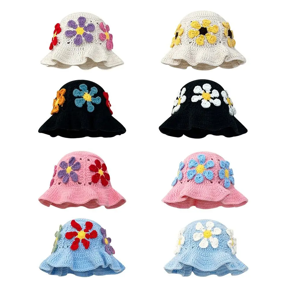 

Cute Colorful Knit Hat Flower Hollowed Out Fisherman Hat Revealing Face Small Breathable Women Cap Summer