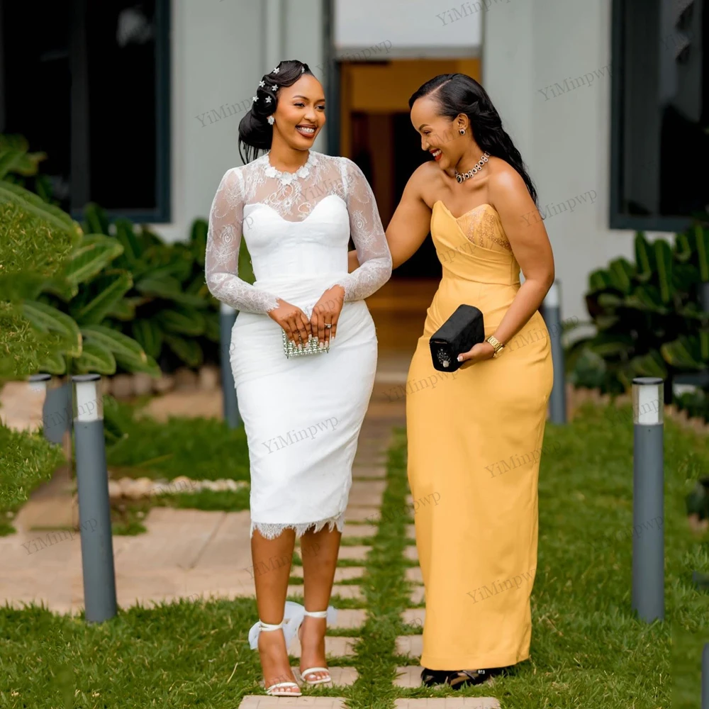 فساتين زفاف قصيرة عاجية كم كامل غمد/عمود ثوب زفاف للنساء 2026 العروس س الرقبة الدانتيل ميدي فستان عروس مخصص