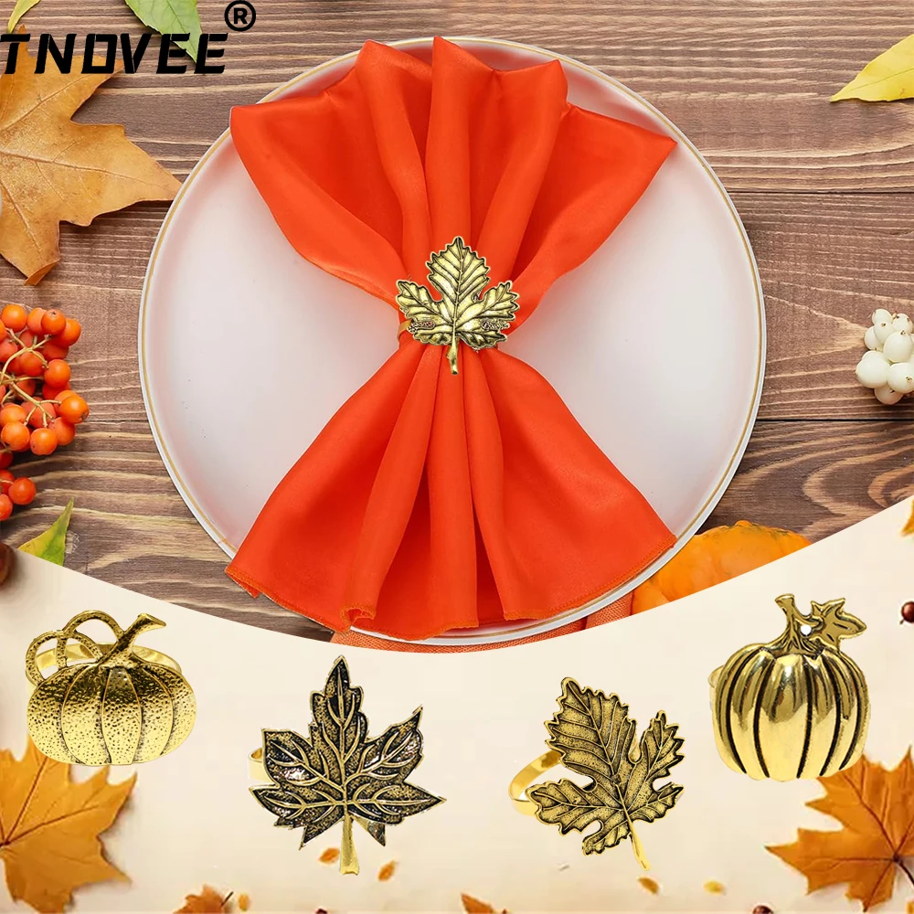 

12Pcs Thanksgiving Napkin Ring Set Fall Maple Leaf Pumpkin Napkin Holder Halloween Serviette Buckle for Wedding Party Decoration