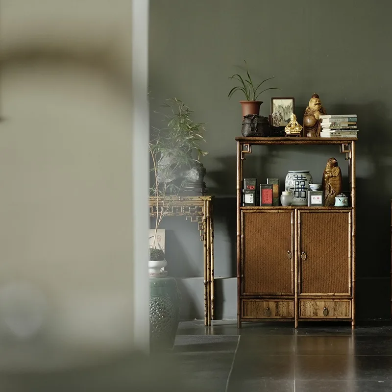 Old material Merlot bamboo, floor-to-ceiling tea cabinet, tea set storage display cabinet Wanli cabinet, Ming-style furniture