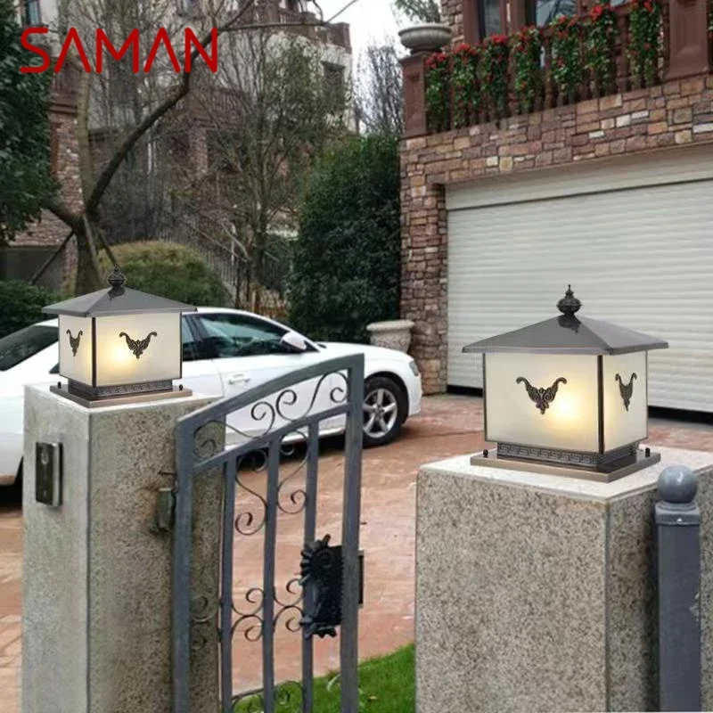 

SAMAN Outdoor Electricity Post Lamp Vintage Creative Chinese Brass Pillar Light LED Waterproof IP65 for Home Villa Courtyard