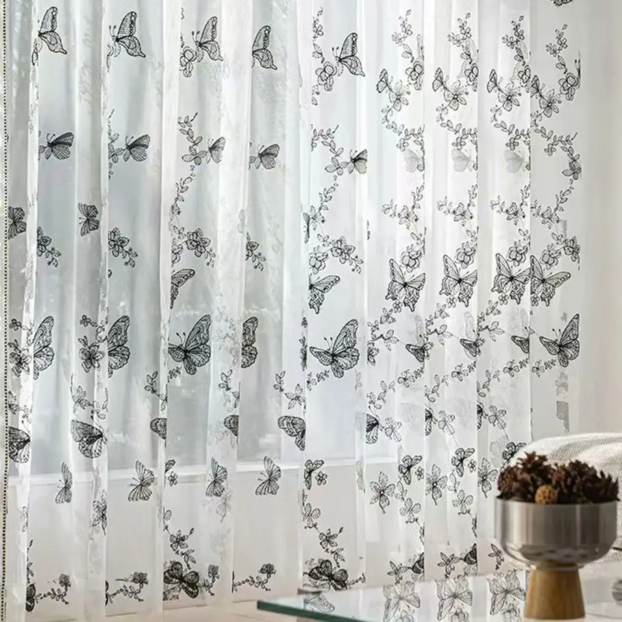 1pc Black Butterfly Embroidered Sheer Curtains, Light Filtering Semi-Transparent Voile, Nordic INS Style Drapes for Living Room