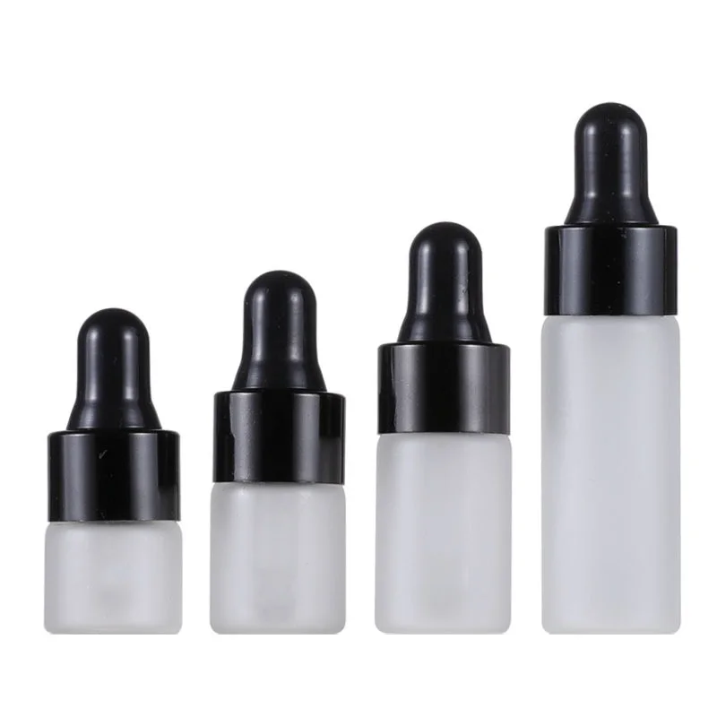 Frascos de muestra pequeños, gotero superior de goma de 1ML, 2ML, 3ML, 5ML, anillo negro, viales de vidrio de escarcha superior rellenables para cosméticos, 100 piezas