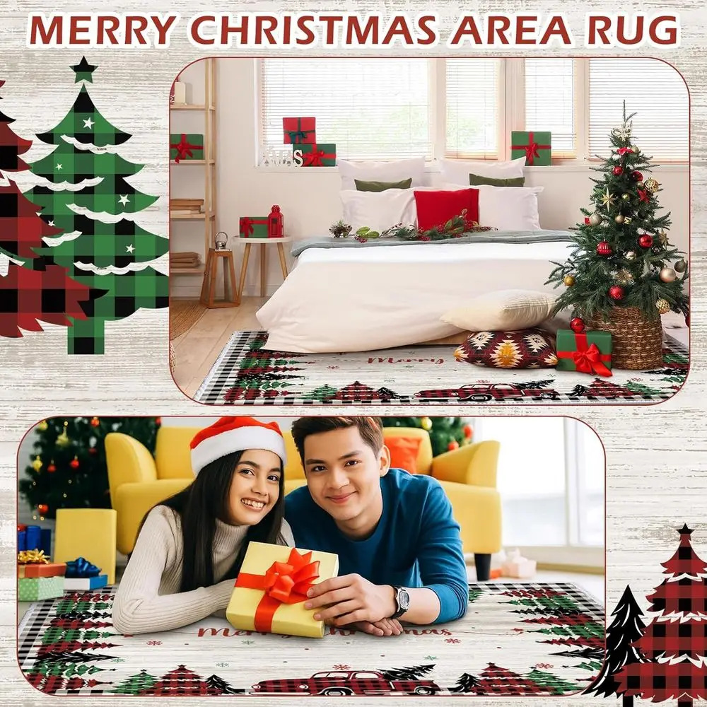 Watercolor Christmas Bear Plaid Rug, Washable for Entryway or Living Room, 2x3/5x7 ft