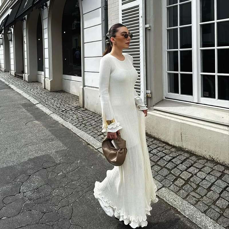 Ruffles Pleated Loose Long Dress Women Autumn Winter Fashion White O Neck Flare Elegant Party Dresses Female Streetwear Outfits