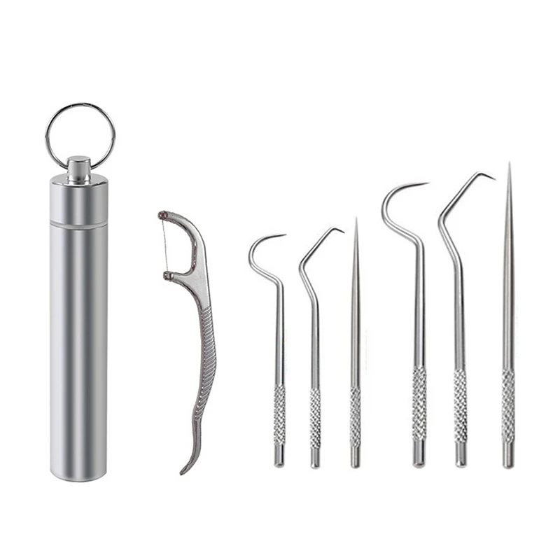 Portable Dental Tool Set Flossing Tooth Picking Tool Metal Stainless Steel Spiral Ear Pick Spoon Kit Oral Hygiene Tartar Removal