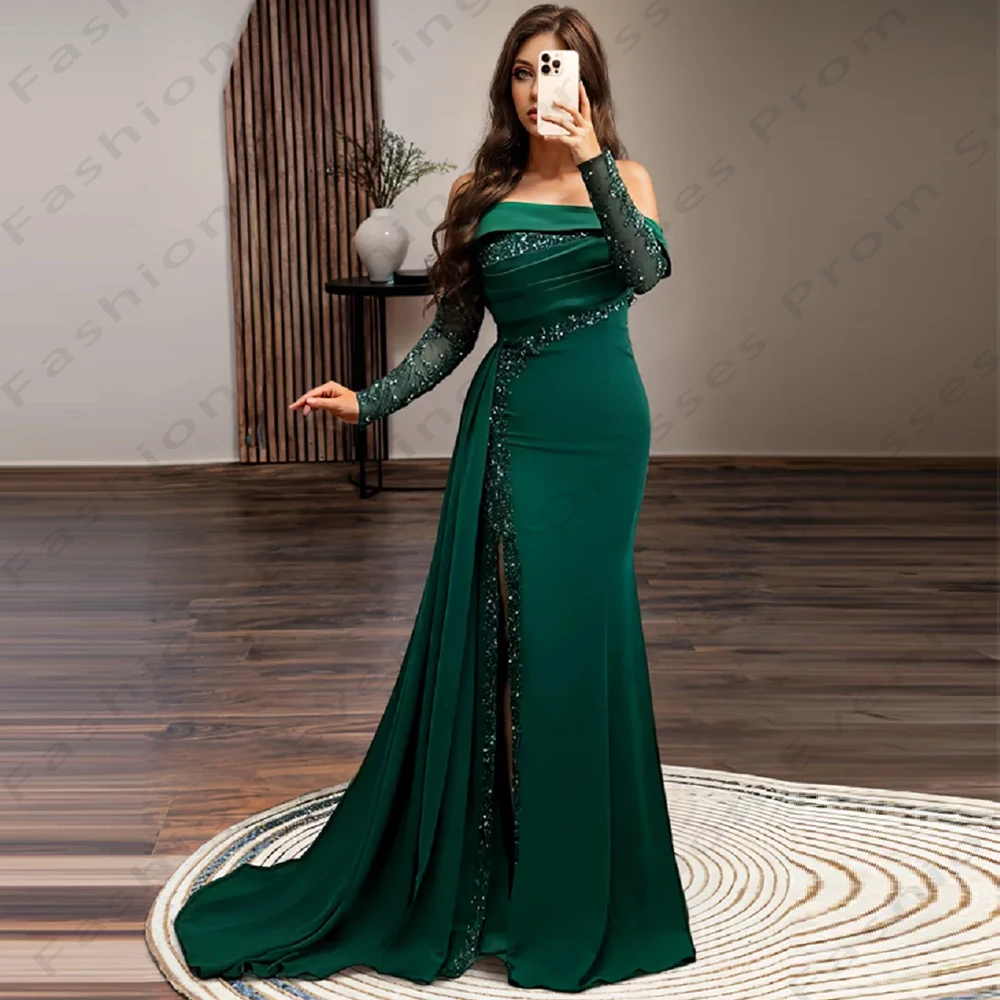 

Gorgeous Satin Fascinating Evening Party Dresses For Women Sexy Female Off Shoulder Long Sleeves Simple Mopping Prom Gowns 2024