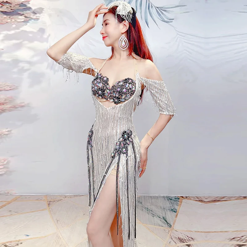 

Костюм для восточных танцев: сексуальное длинное платье-русалка с пайетками, комплект для танцев живота (бюстгальтер + юбка)