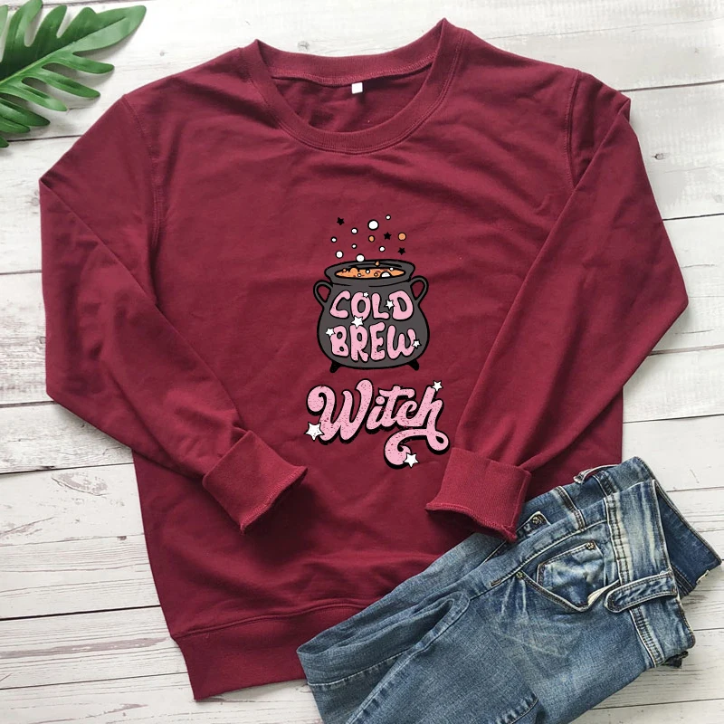 colored cold brew witch Sweatshirt funny Women Long Sleeve jumper halloween basic witch pullovers