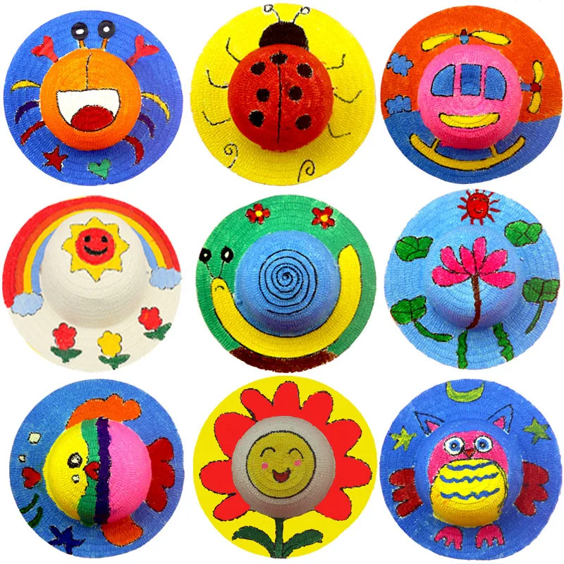 Children's Straw Hat Diy Painted Graffiti Hat Hand-painted Blank Hat Painting Kindergarten Art Stalls Kids  Educational Toys