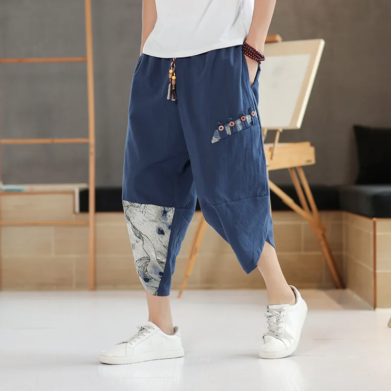 

Japanese Kimono Men's Cotton Linen Samurai Clothing Patchwork Print Retro Harem Pants Loose Shorts Harajuku Hip Hop Pants