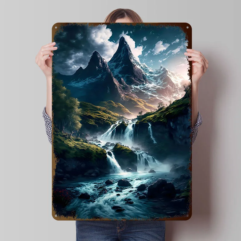 Wasserfall im Wald Naturmotiv Poster Individuell Gestaltete Retro Wandkunst Vintage Metallschilder für Moderne Heimdekoration Luxus