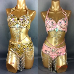 Luxury Women Belly Dance Costumes Set Crystal Beads Tassel Fringe Sequin Stage Clothes Performance Costumes For Female Singers