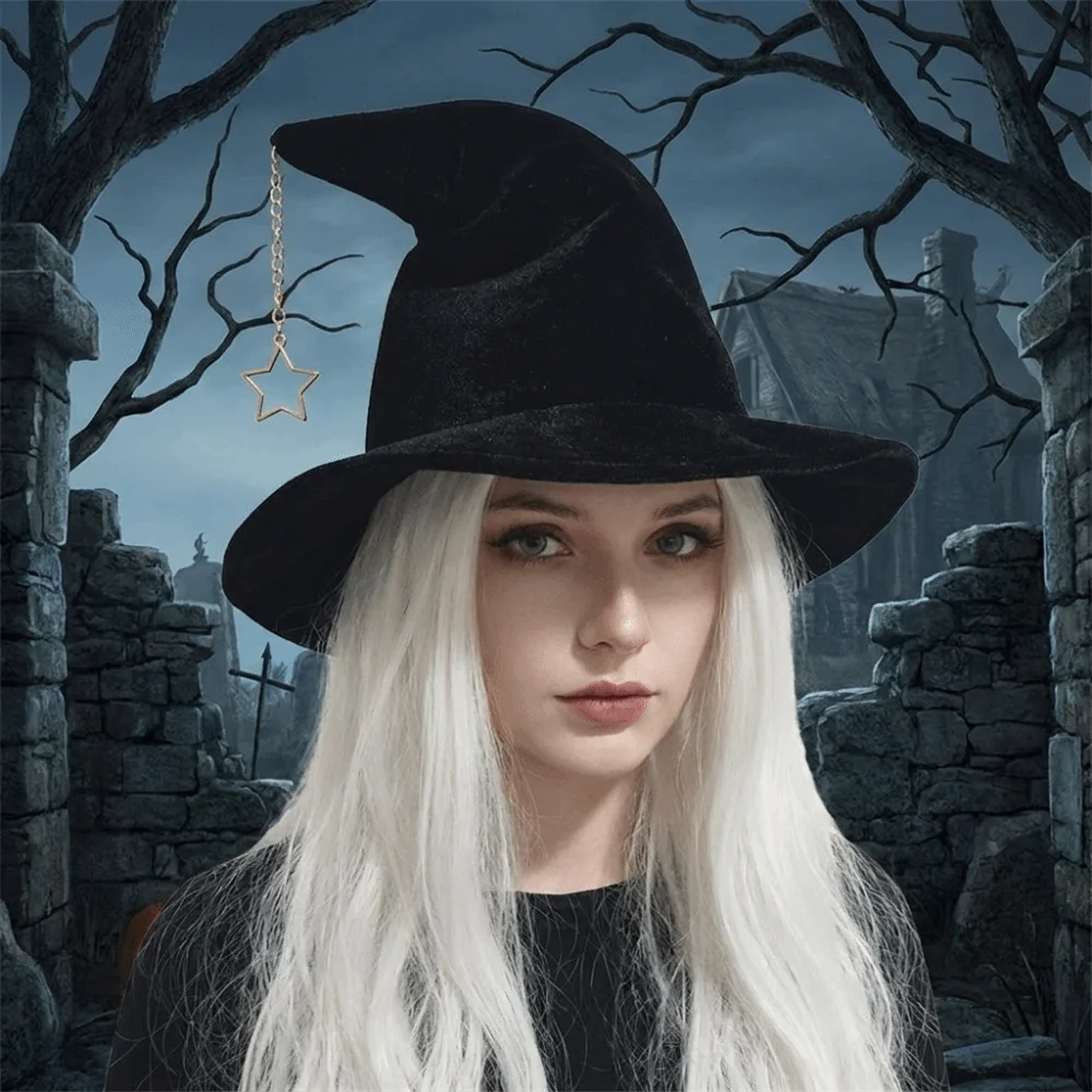 Simple Solid Color Witch Hat Korean Style Foldable Wool Bucket Hat Wizard Cap Star Pendant Halloween Hat Party