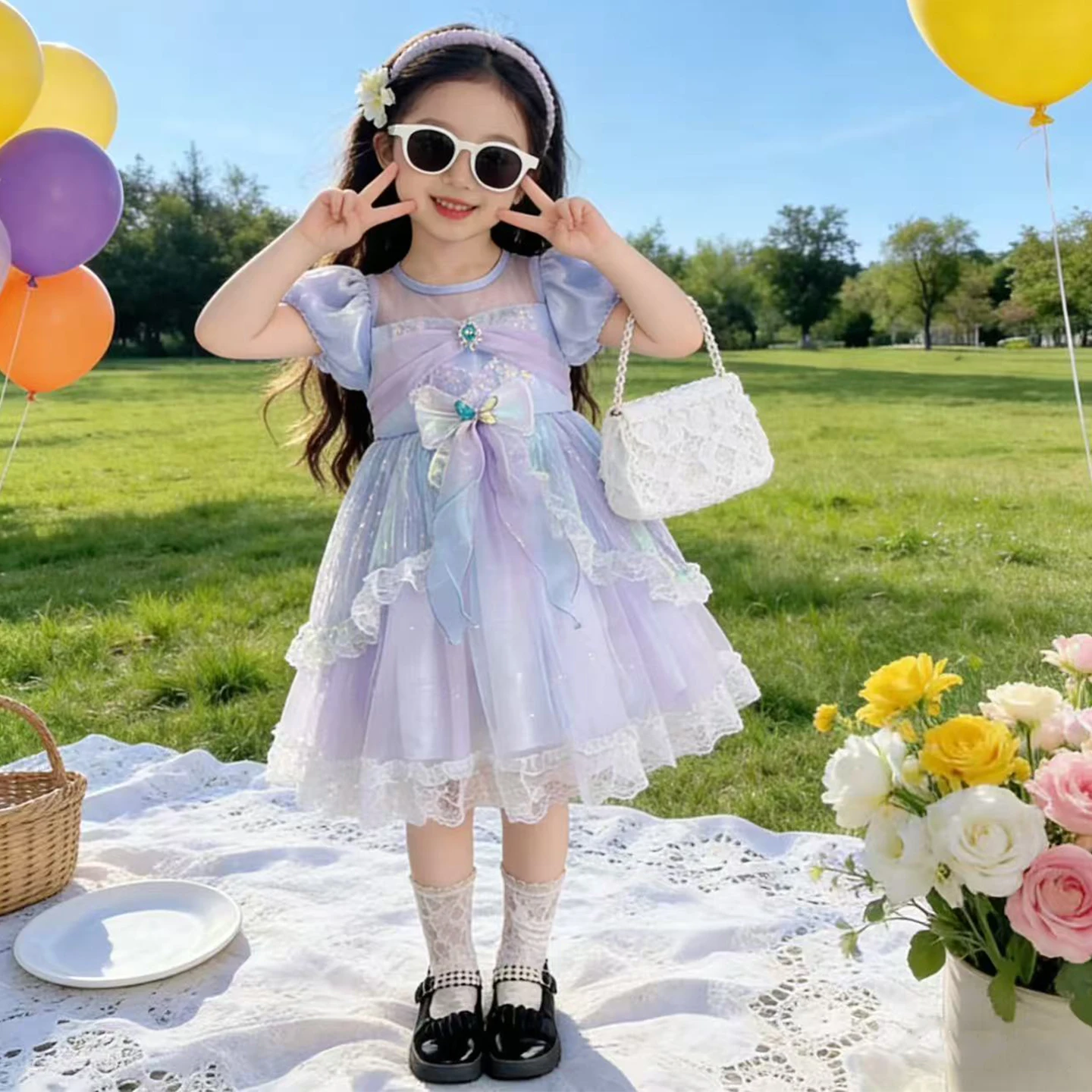 Summer 2-10 baby girls Bubble Sleeve Bow lace splicing Dress colorful Lolita shining princess party dresses child clothes