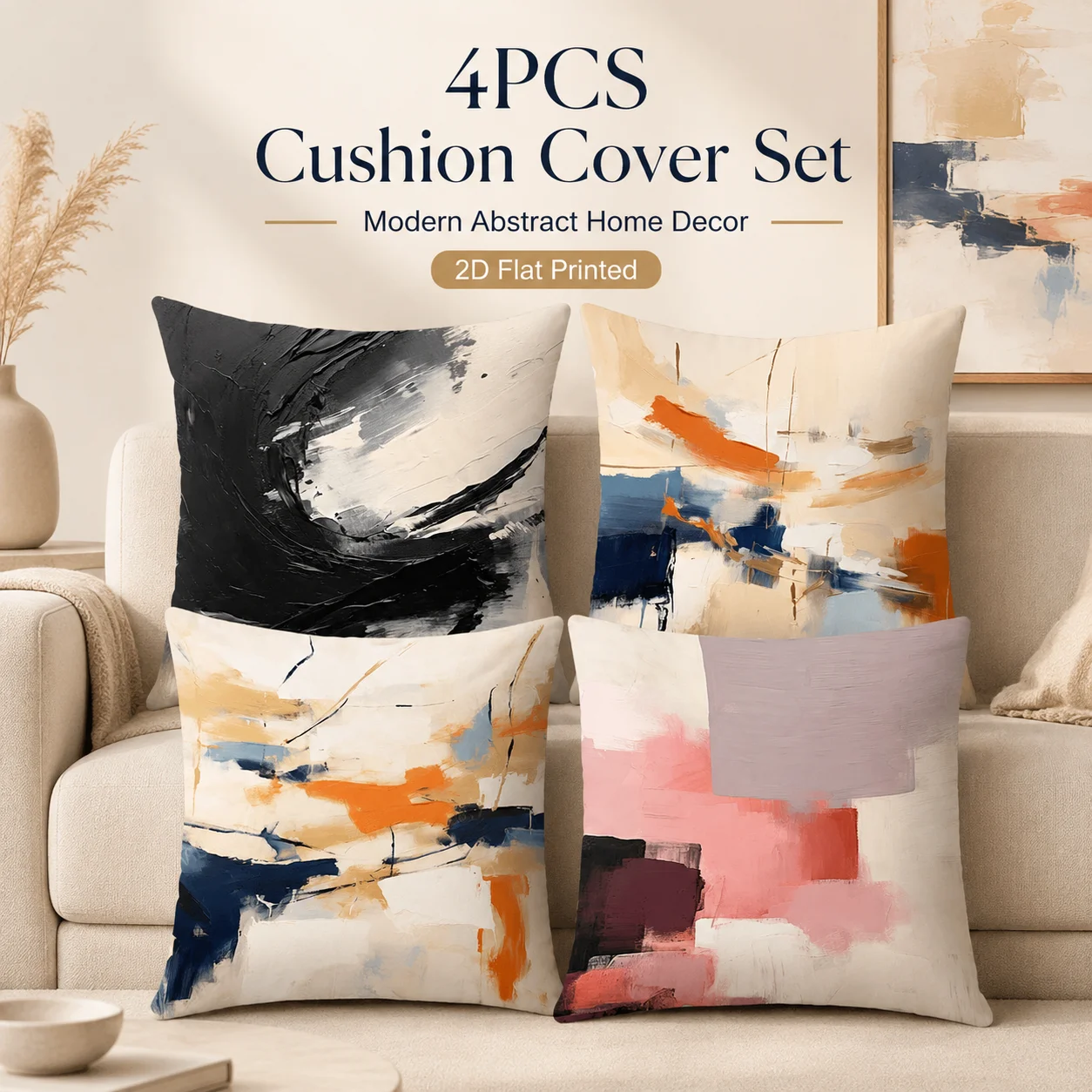 4Pcs 2D Flat Printed Coussin Art Cushion Covers Peach Skin Abstract Geometric Room Decor Minimalist Pillowcases