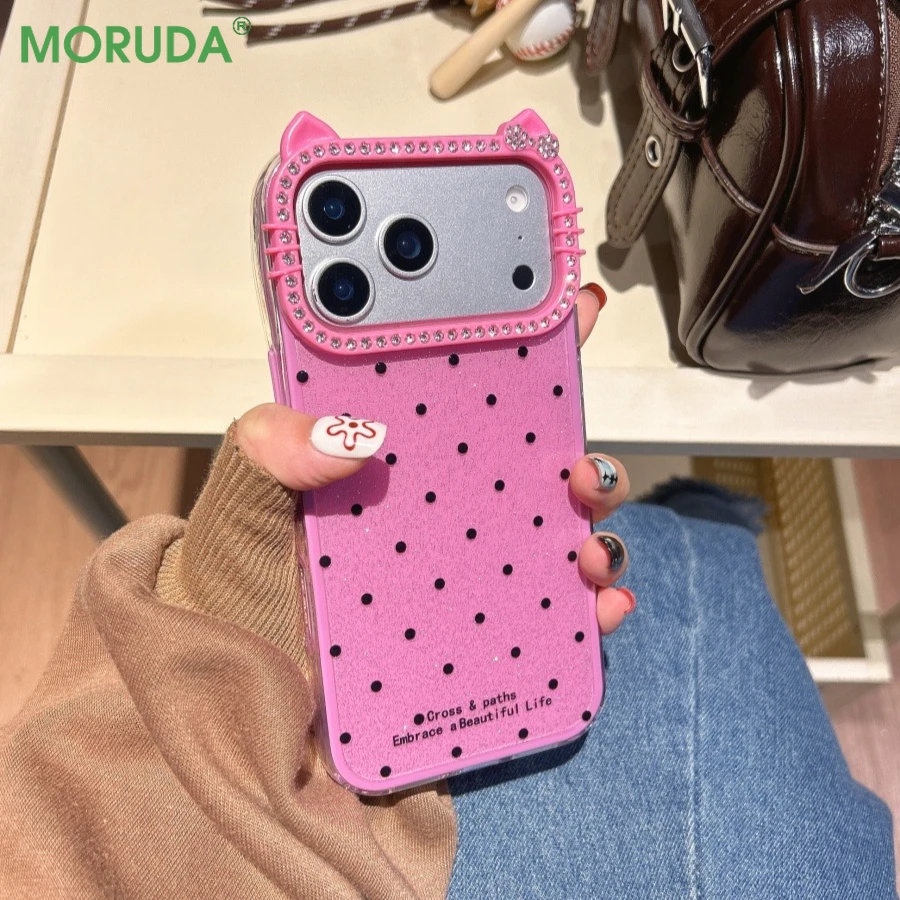 Fashion Polka Dot 3D Cat Ear Diamond Case Phone Case for iPhone Air 17 16 15 14 Pro Max 13 12 11 3in1 Removable Glitter Cover