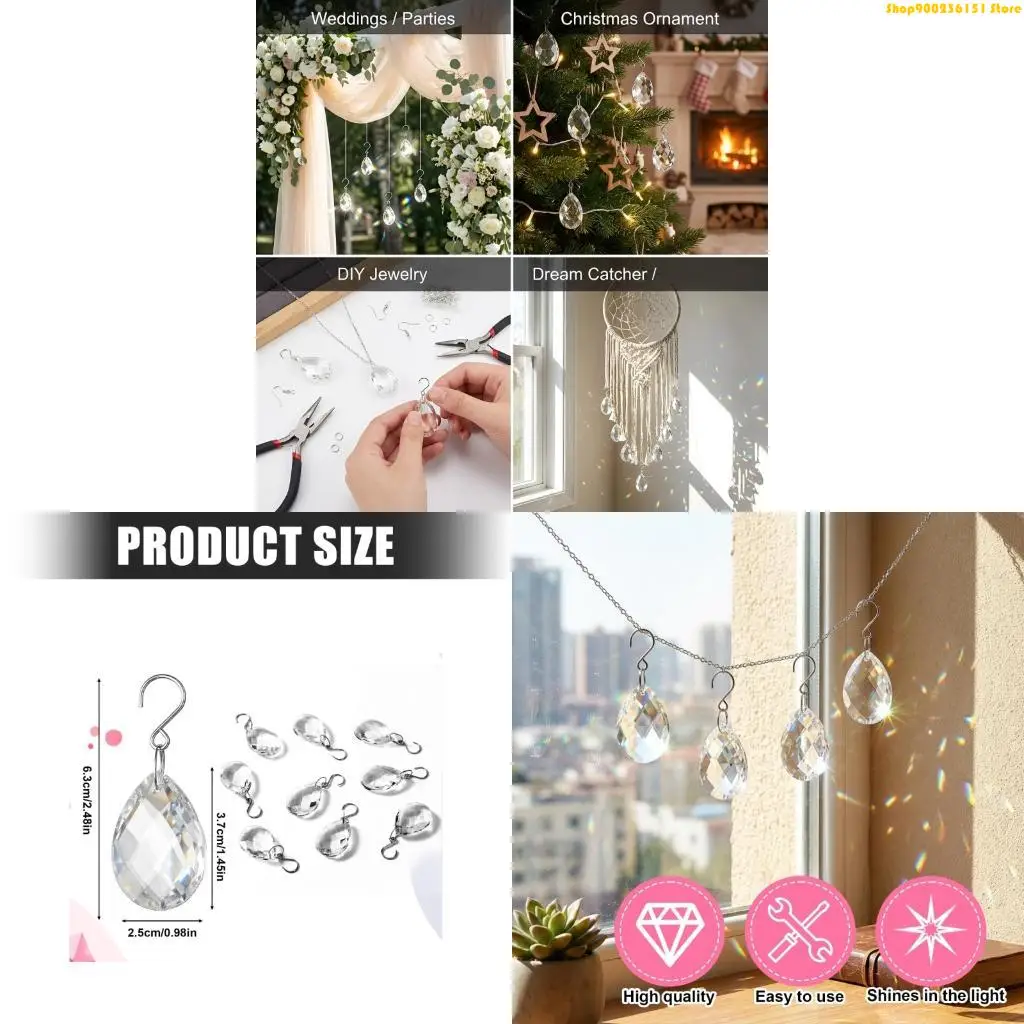 G92C Teardrop Hanging Crystals Prism Pendants Set of 10 for Decors and Jewelry Making
