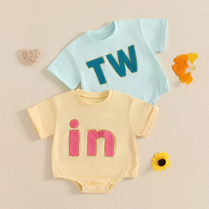 Adorable Matching Outfits for Infant Twins Short Sleeve Rompers with Embroidered Letters Perfect for Summer Fun