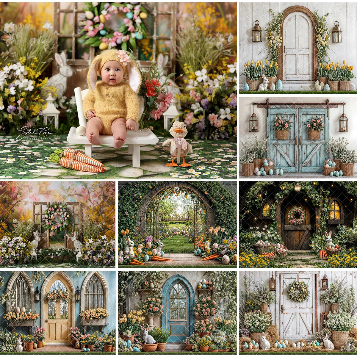 

Easter Cottage Barn Door Photography Backdrops Enchanted Rabbit Entrance Cake Smash Background Spring Meadows Photo Studio Props