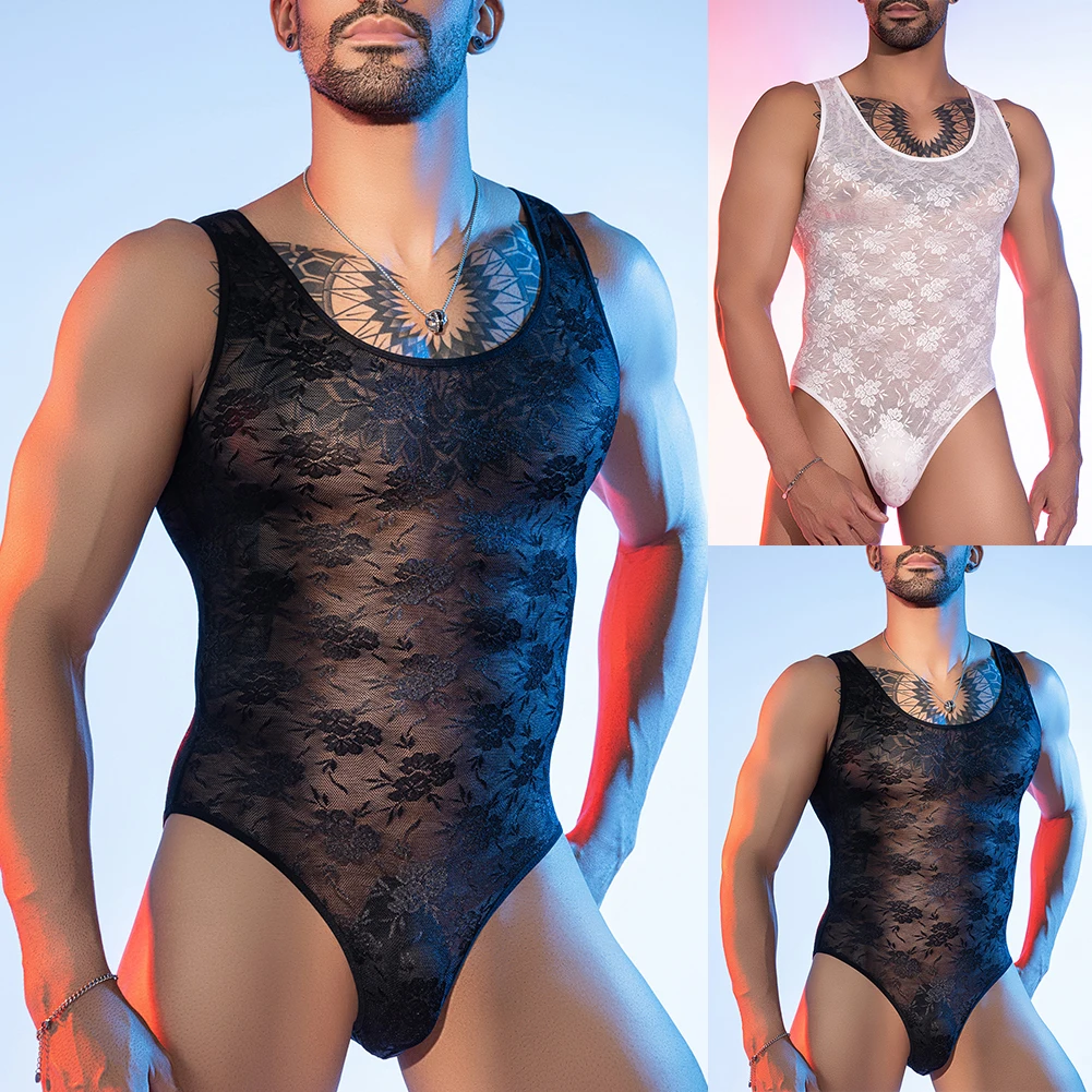 Men\'s See Through Lace Underwear Sexy Bulge Pouch Leotard High Elastic Bodysuit Breathable Lingerie Tights Pajamas Jumpsuit