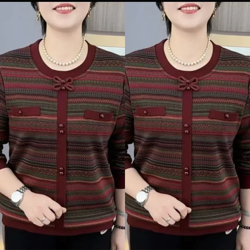 Warm Fleece round Neck Long Sleeve T-Shirt for Middle-Aged And Elderly Women with  Knot Slimming Stripes Casual Style