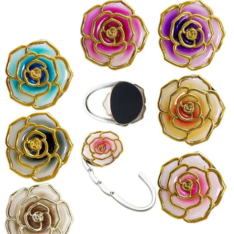 Foldable Rose Flower Bag Holder Hanging Hook Portable Table Handbag Hanger Purse Hook Home Office Women Bag Keys Storage Hook