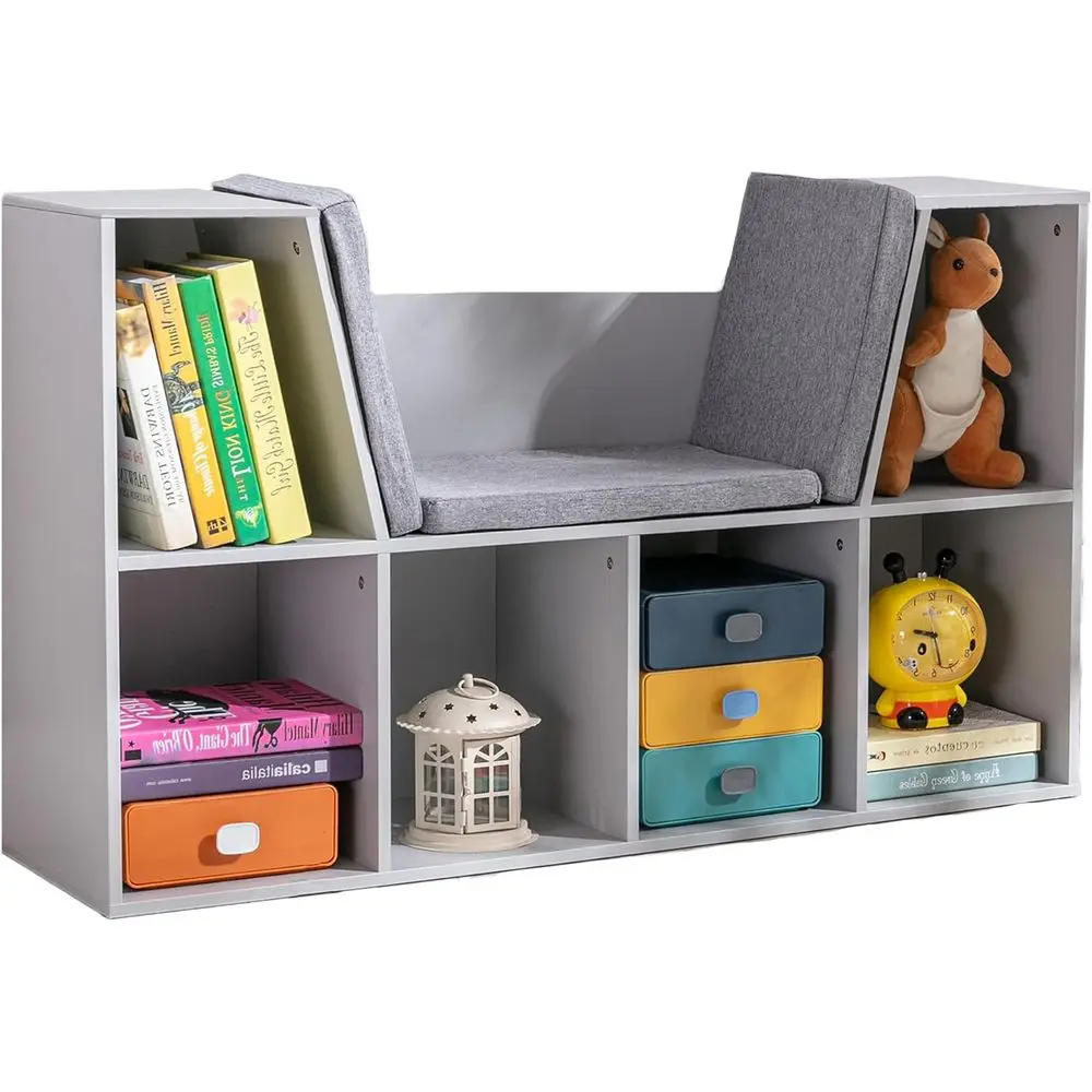 6-Cubby Children's Bookcase with Reading Nook and Cushion, Multi-functional Storage for Bedroom and Living Room, Grey