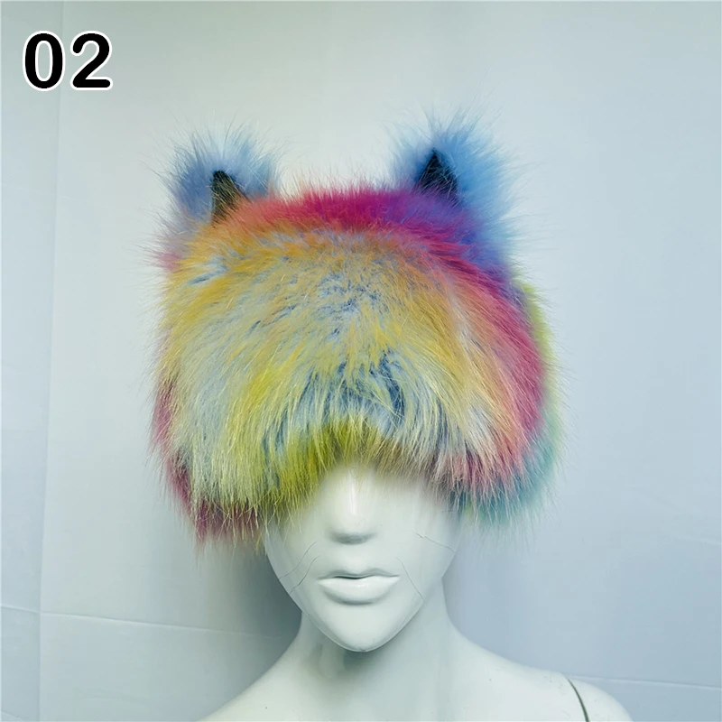 

Women Winter Soft Imitation Fur Hat Y2k Rainbow Cat Ear Headdress Festival Funny Dress Hat Party Performance Fluffy Beanies