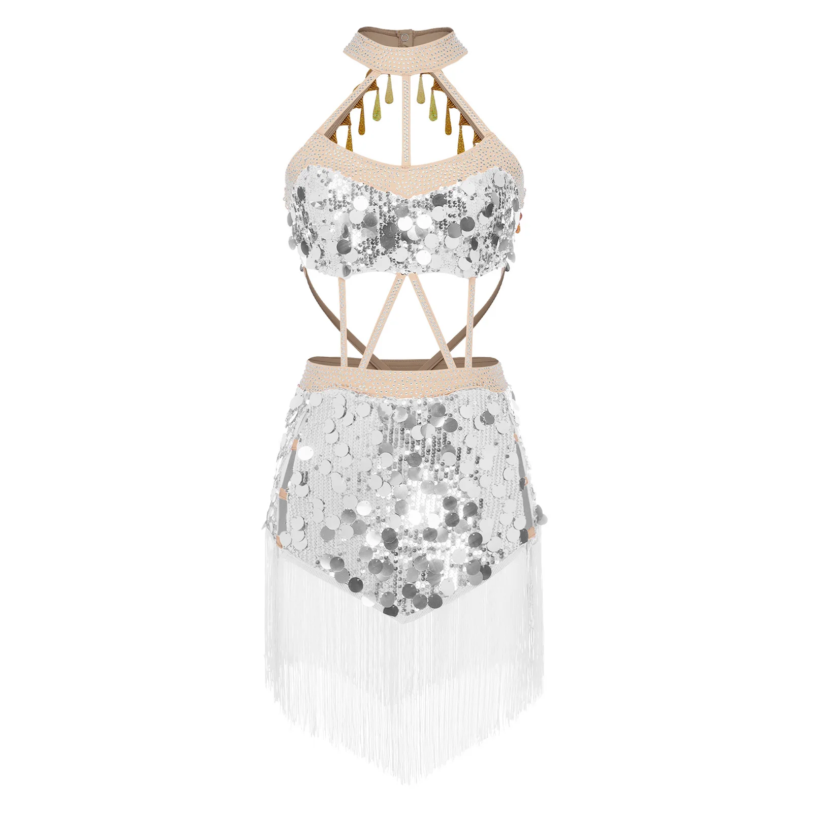 

Womens Glittery Sequin Tassel Latin Belly Dance Dress Salsa Jazz Tango Dance Sleeveless Built-in Briefs Hollow Leotards Dresses