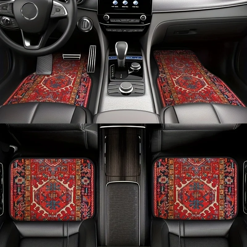 4pcs Car Floor Mat Set: Vintage Oriental Turkish & Persian Rug Design - Non-Slip Decorative Mats For Cars, SUVs, Trucks, And Van