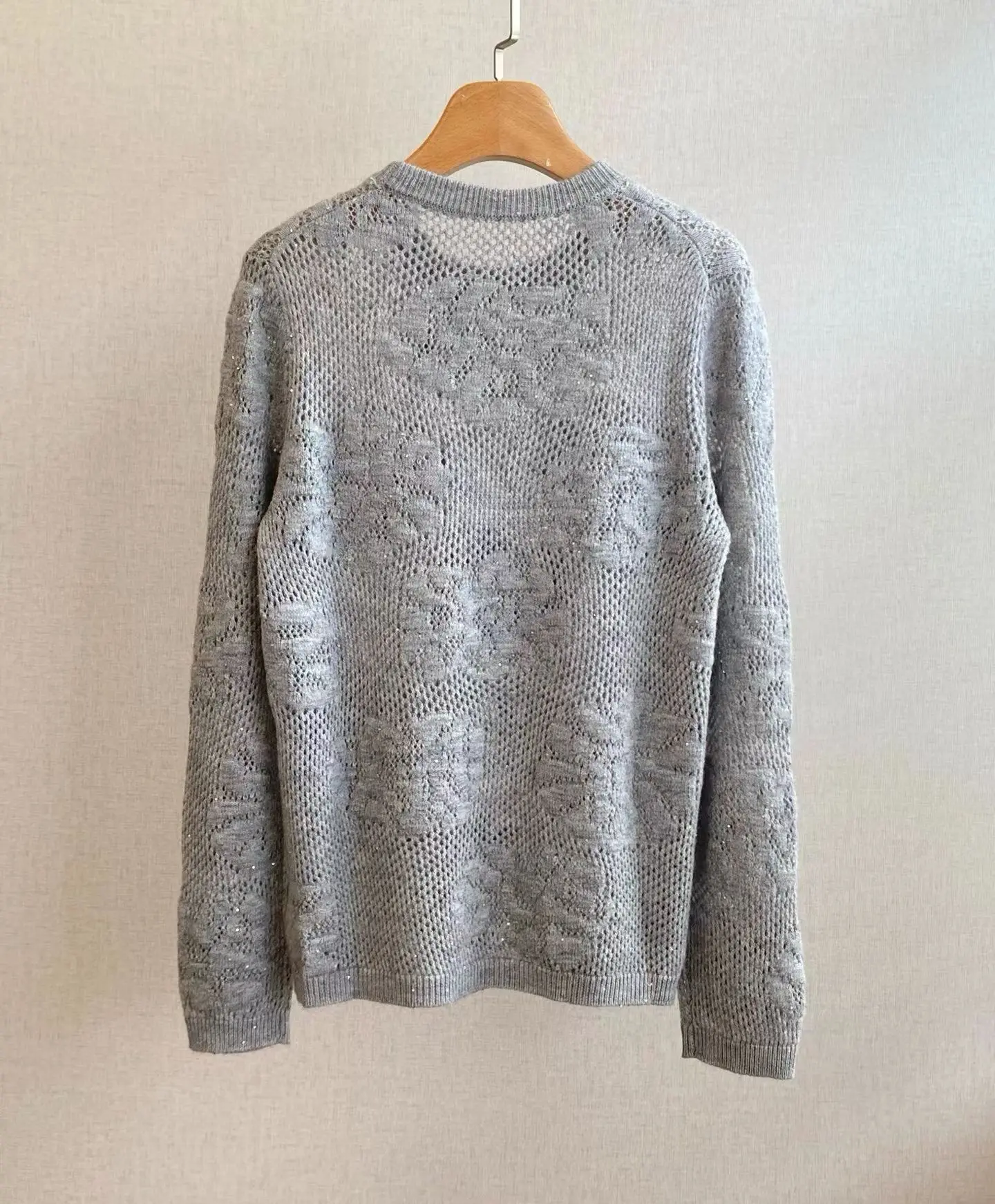 Women Glitter Hollow Knit Pullover Crew Neck Long‑Sleeve Open‑Work Relaxed‑Fit Casual Sweater Top