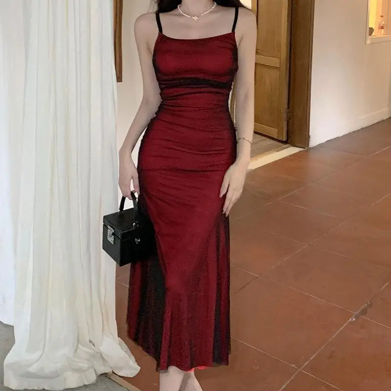 French Women\'s Sleeveless Bodycon Corset Maxi Dress Wine Red Spaghetti Strap Ruched Elegant Evening Party Long Vintage Dresses