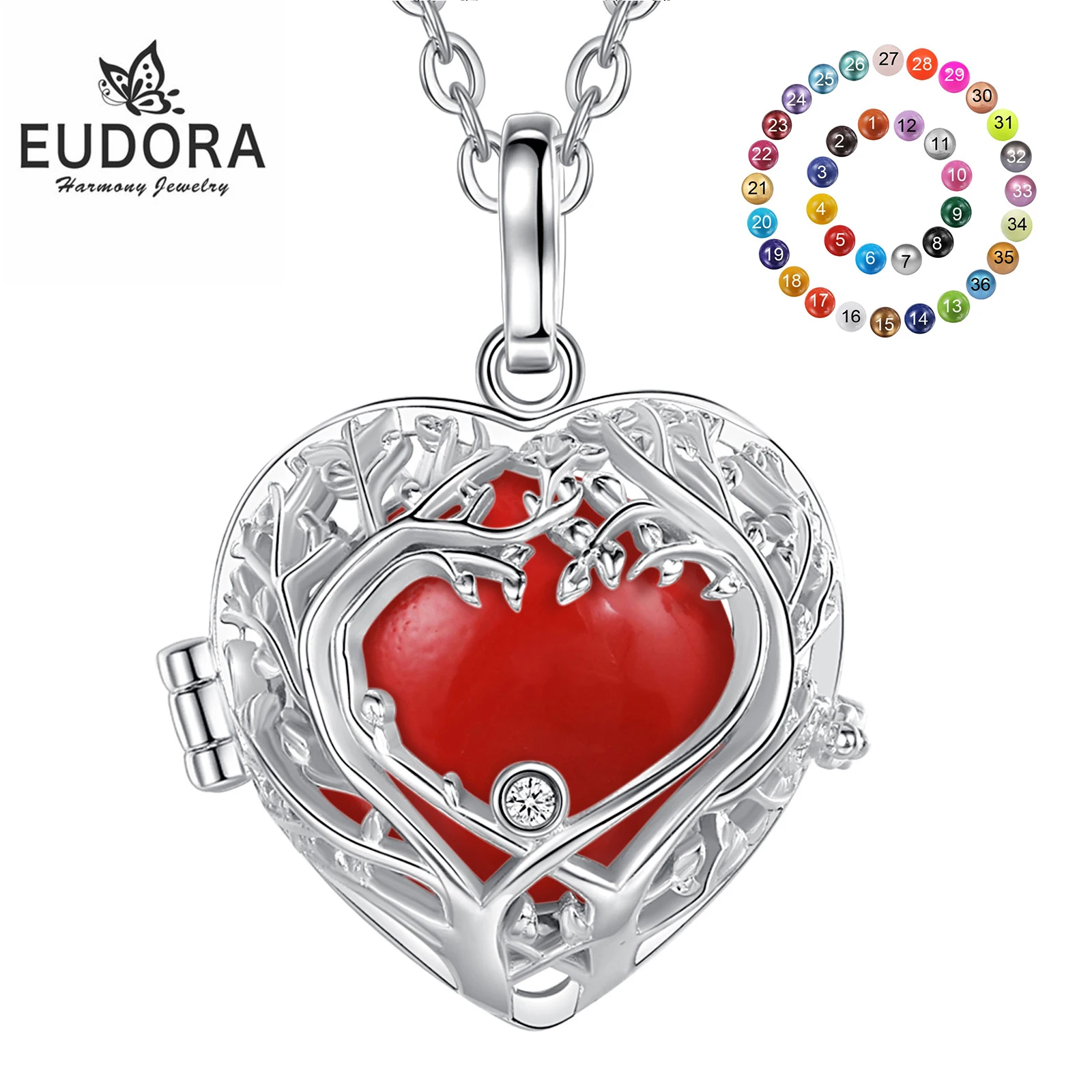 Eudora 18mm Harmony Ball Tree of Life Heart Pendant Pregnancy Bola Angel Caller Baby Wishing Chime Ball Necklace Women Jewelry