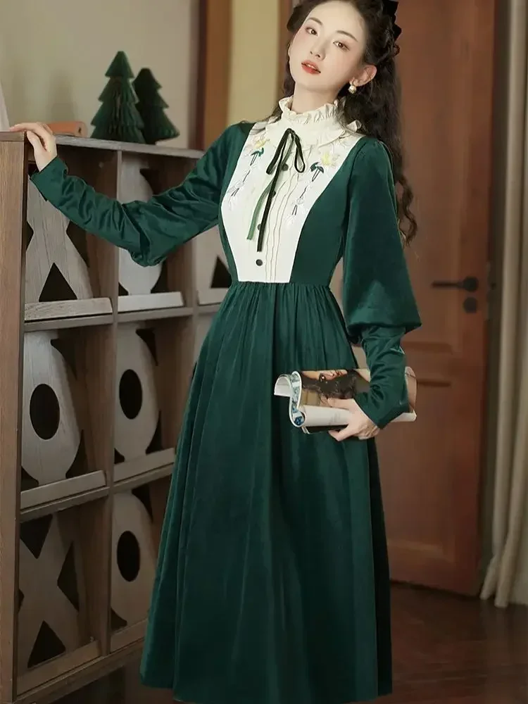 

Retro Green Velvet Dress Woman Vintage Vicotrian Style Embroidery Floral Bow Puff Sleeve Elegant Princess Dresses Vestido Festa