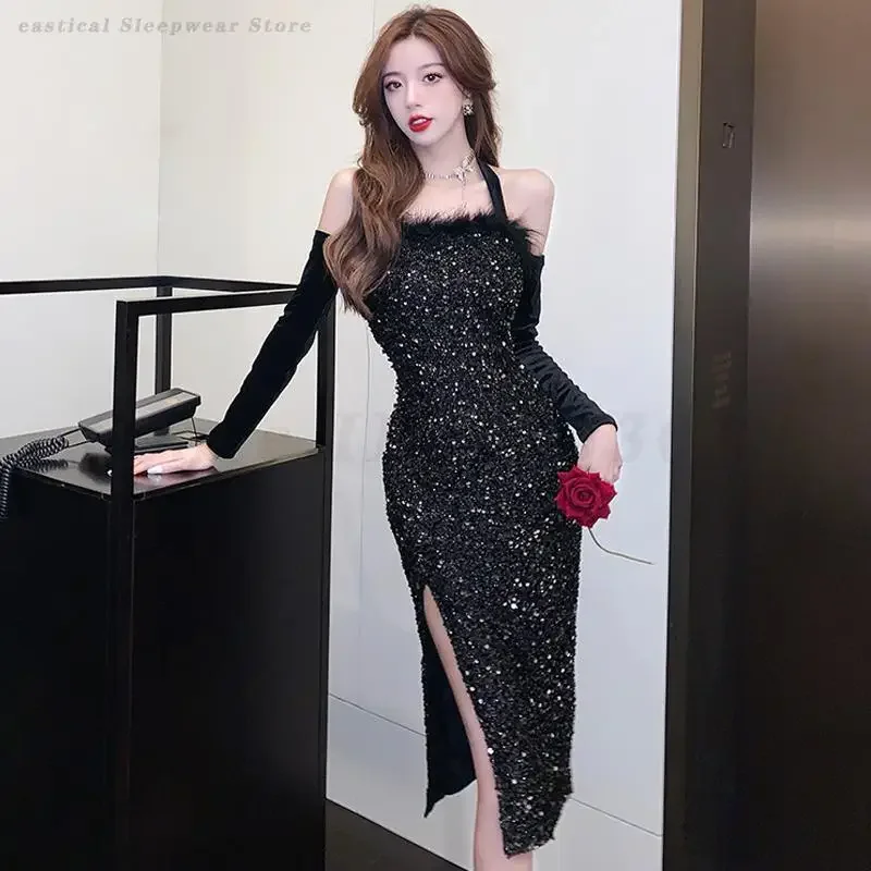 

Evening Party Dresses Luxury Sequined Feather Dress Sexy Neck Hanging Slim Cheongsam Grace Temperament Prom Gown Black Qipao