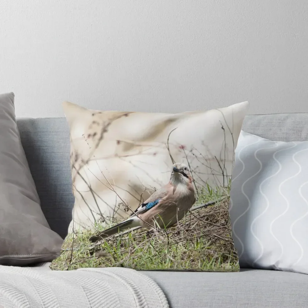 

The bird. The Eurasian jay (Garrulus glandarius) among the lush grass Throw Pillow Cushions Cover luxury sofa pillows pillow