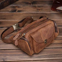 Luxury Waist Bag for Men Real Genuine Leather Packs Male Large Crazy Horse Belt Chest Phone Pouch