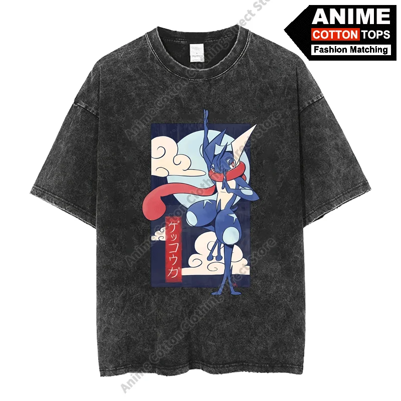 Cartoon Pocket Monster Peripheral Clothing Greninja Print T Shirt Cotton Washed Vintage Oversized T-shirt y2k Unisex Loose Tees